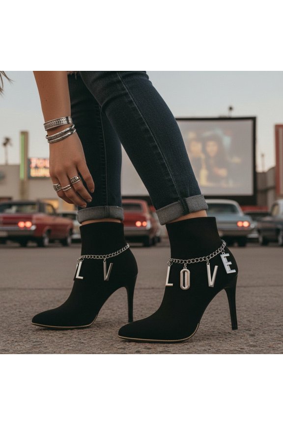 Set LOVE Boot Chain Anklet Bracelet Silver Metal Shoe Charm Jewelry Western Cowgirl Biker Style Adjustable Straps for Ankle or Heel Boots 1 Pair BC3