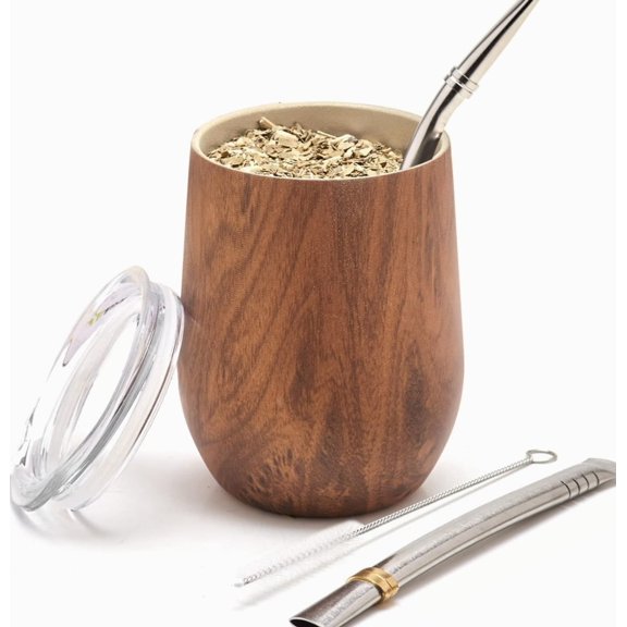 Set Mate Cup with Lid, 2 Bombillas Cleaning Brush Ash Wood