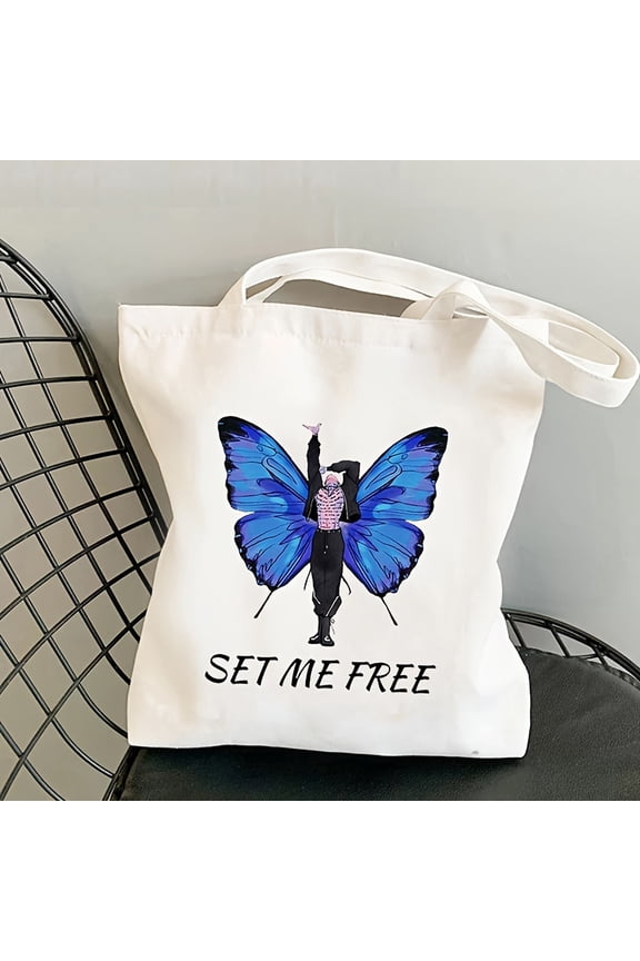 "Set Me Free" & Butterfly Music Singer Pattern Tote Bag, Flower Print Canvas Handbag For Daily Commuting, Large Shopping Spring Print Shoulder Bag
