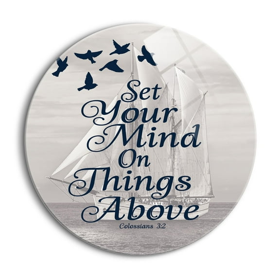 Set Mind Things Above Misty Grey Ship 24 inch Glass Round Wall Hanging Sign