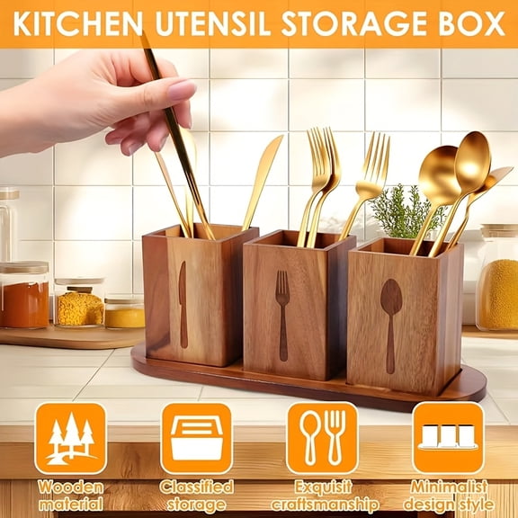 Set of Natural Walnut Wood Cutlery Storage Boxes with Base, Featuring Original Wood Grain and Separate Compartments for Spoons, Spatulas, and Silverware, Rustic Country Style Kitchen Organizer