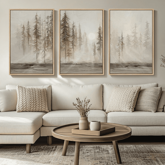 Set Neutral Abstract Pastel Forest Landscape Tree Nordic Living Room Hallway Office Poster Prints , Stretched Canvas