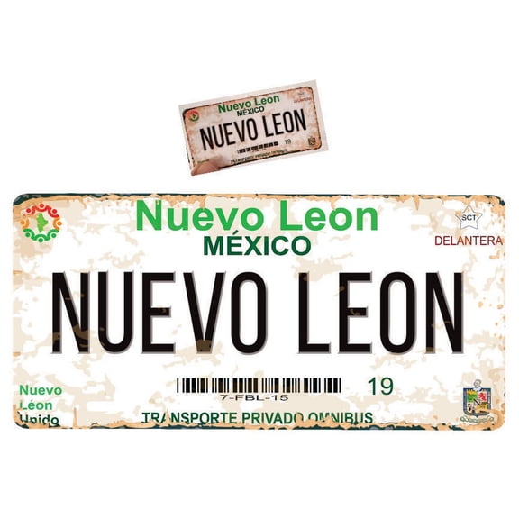 Set Nuevo Leon Mexico - Aluminum Novelty Vanity Plate Placa Sign 6" x 12" with Sticker Decal 2" x 4" Souvenir, Decorative, Tourist Gift