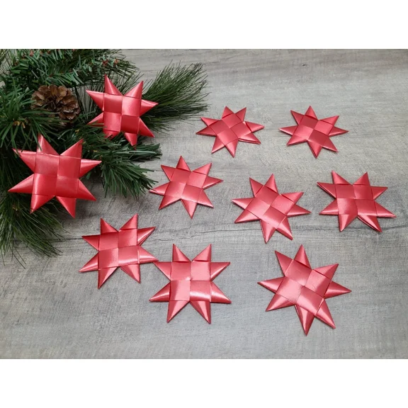 Set Of 10 Flat Red Star Ornaments 3 Inches Poly Satin Ribbon Moravian Stars