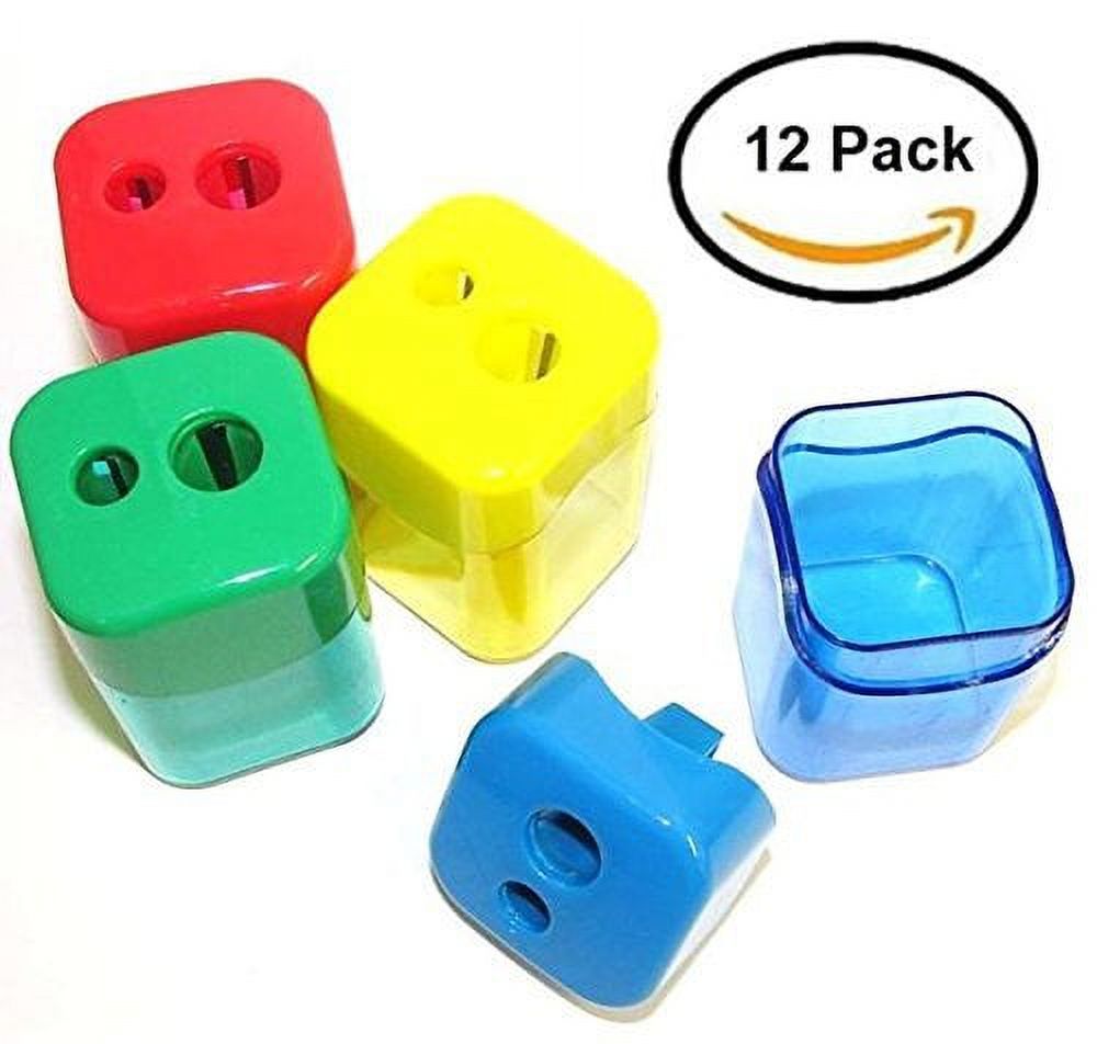 Set Of 12 Double Hole Pencil Sharpeners Square Shaped With Cover and Receptacle! Red, Blue