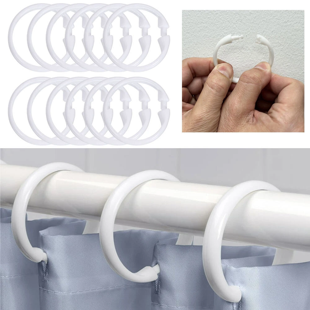 Set Of 12 White Bathroom Shower Curtain Rings Hooks Round Snap Quality Plastic