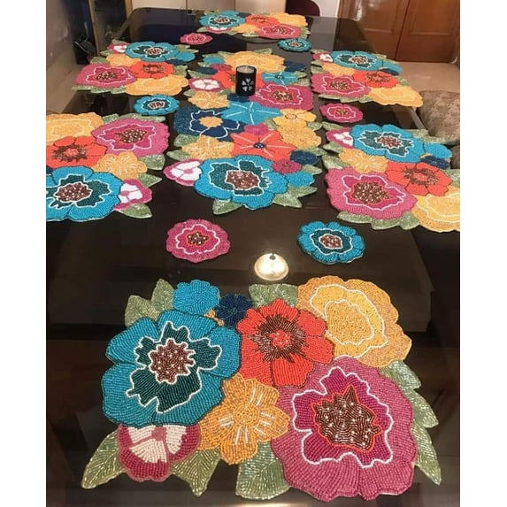 Set Of 13 Pieces Multicolor Table Runner And Placemats Sets With Coaster, Handmade beaded Dining Set, Luxury Floral Tableware