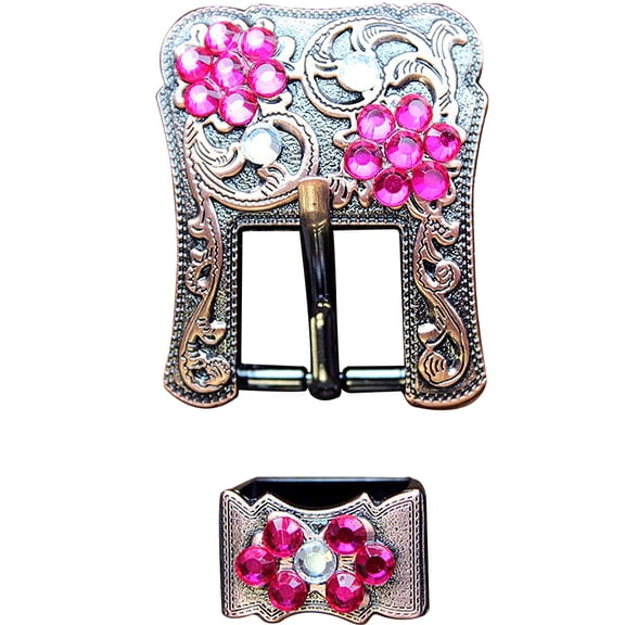 Hilason Screw Back Concho Fuschia & Crystal Floral Copper Buckle Set  3/4 Inch