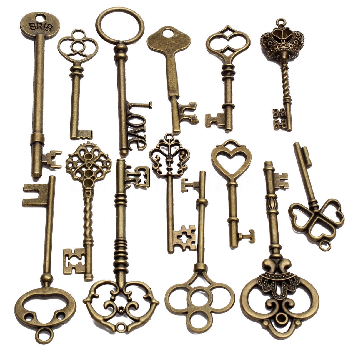 Set Of 18 Antique Vintage Old Look Bronze Skeleton Key Heart Bow Lock