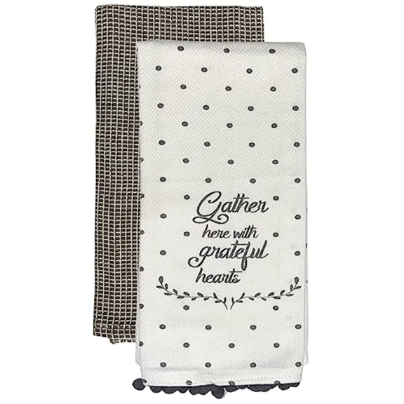 Set Of 2, 100% Cotton White Herringbone Pom Poms Funny Kitchen Towels Saying, Ga