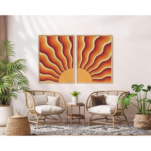 Set Of 2 70S Sun Terracotta Retro Wall Art Prints, Study Room, Office And Gallery Wall Decor