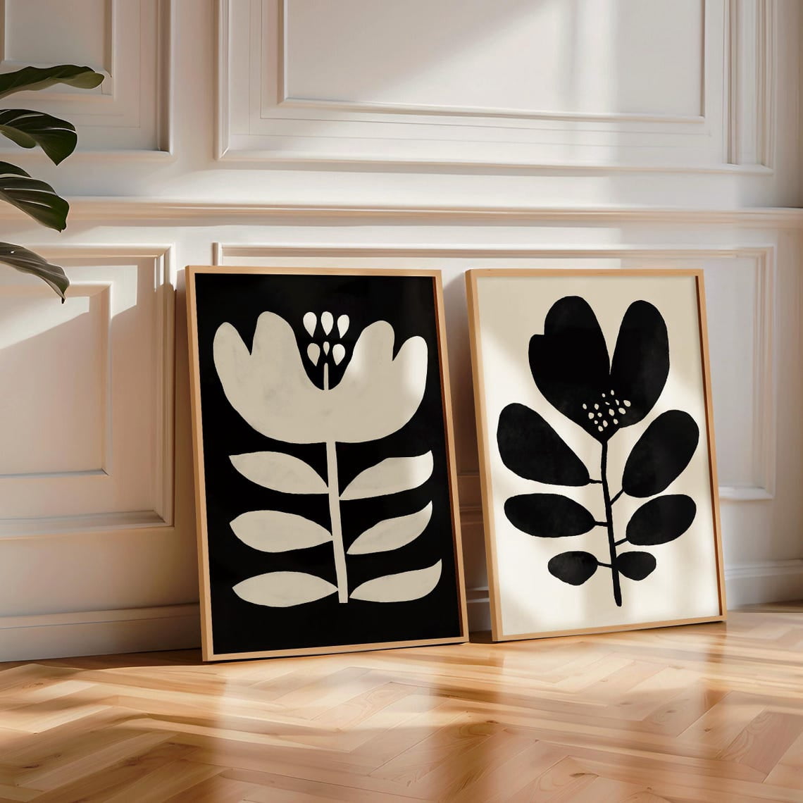 Set Of 2 Abstract Botanical Wall Art Prints, Black And White Flower ...