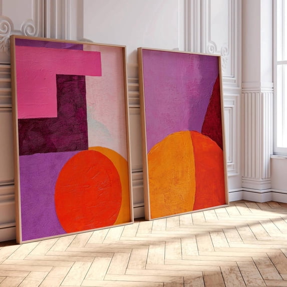 Set Of 2 Abstract Geometric Pink Wall Art Prints, Orange And Purple ...
