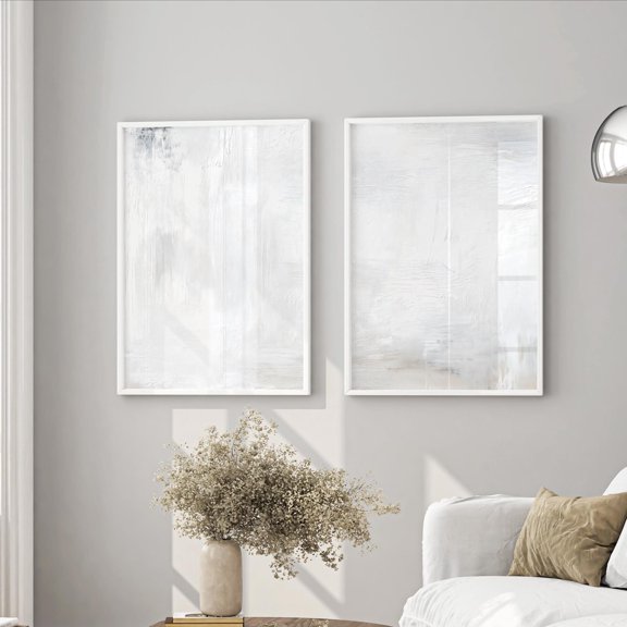 Set Of 2 Abstract Minimal Wall Art Prints, Light Grey, Neutral, Living Room And Bedroom Decor