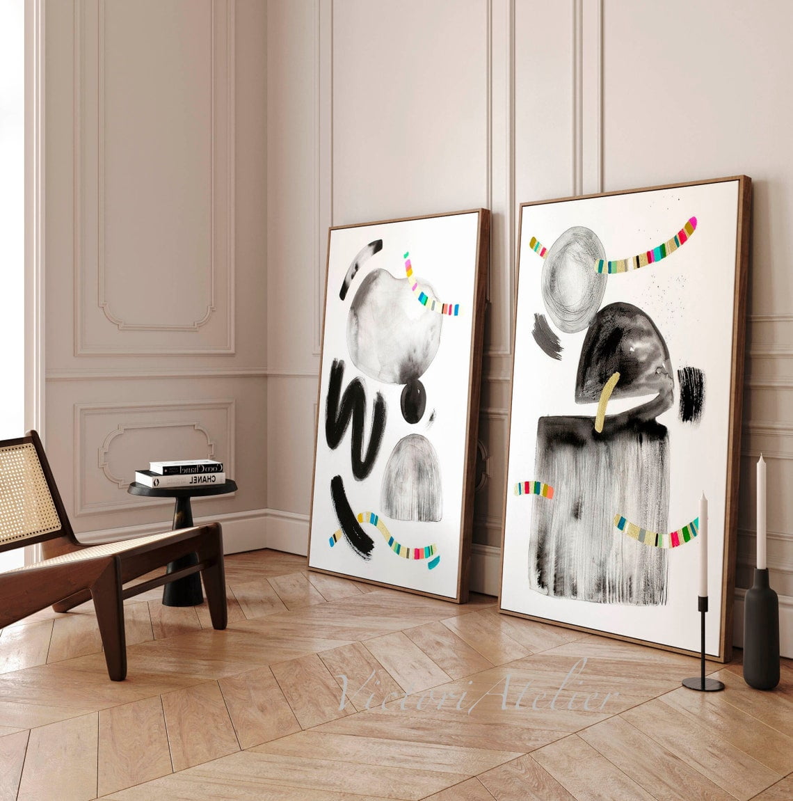 Set Of 2 Abstract Wall Art Prints, Black And White Gold Leaf ...
