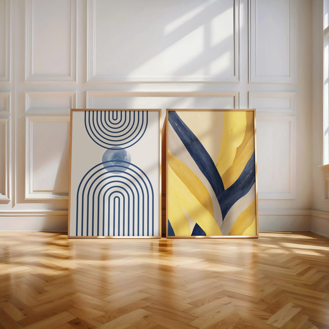 Set Of 2 Abstract Wall Art Prints, Blue Arch Sun Pair, Modern ...