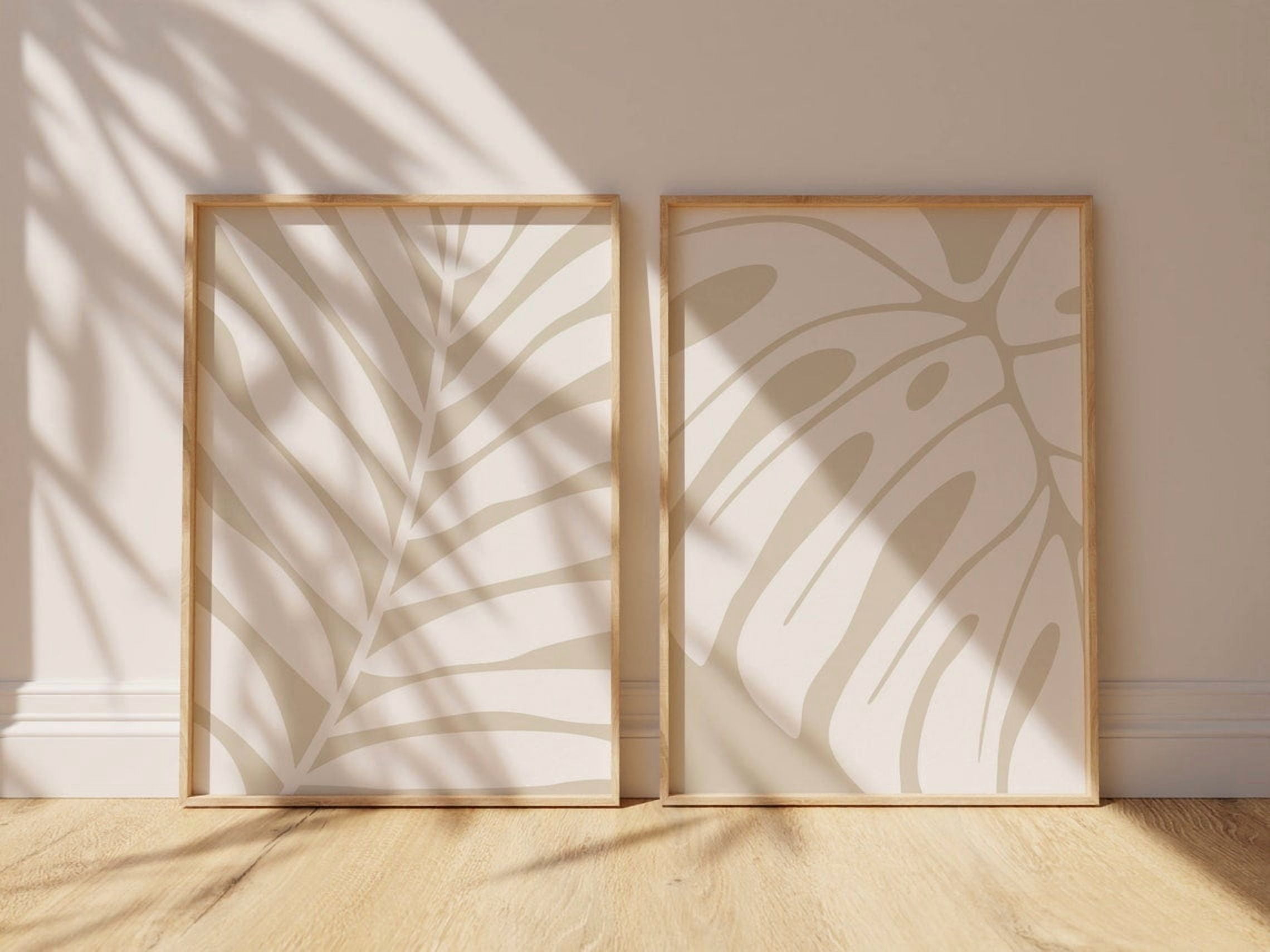 Set Of 2 Abstract Wall Art Prints, Botanical Leaf, White And Beige ...