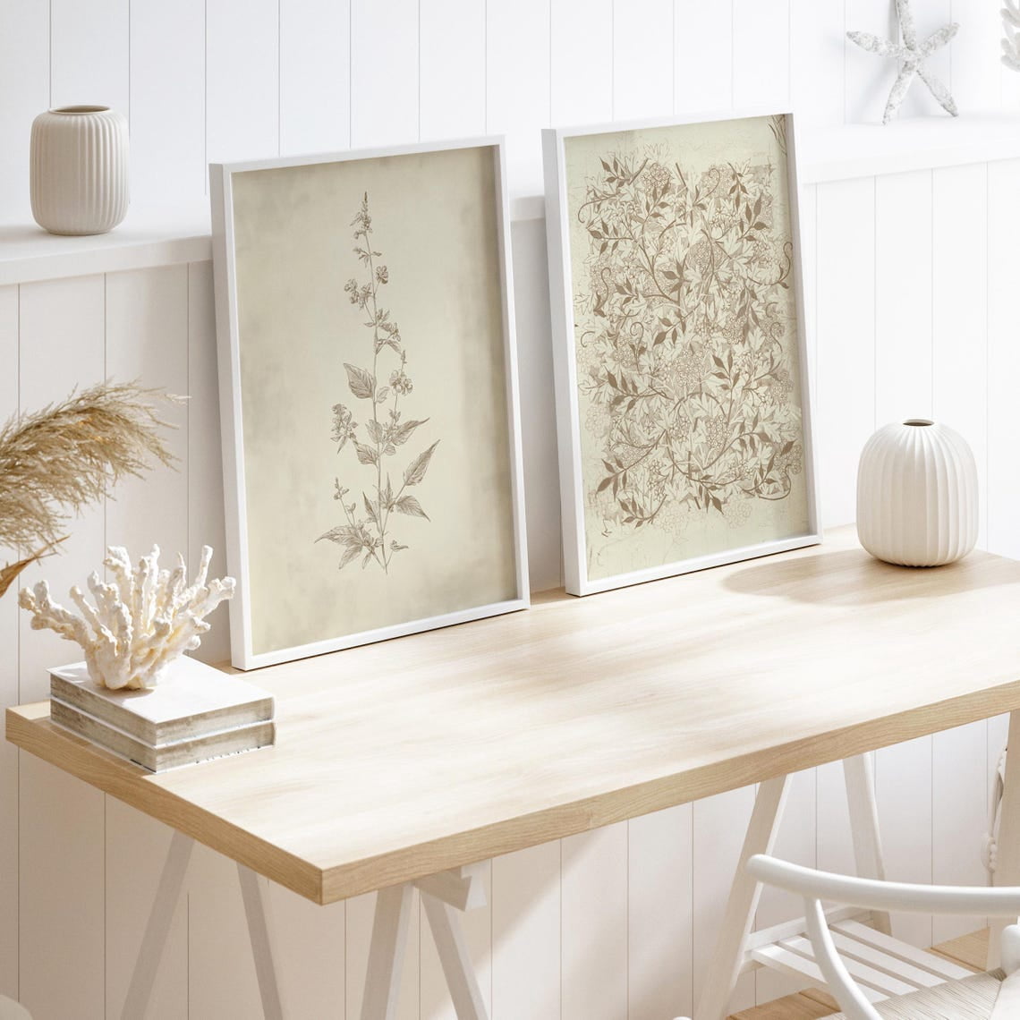 Set Of 2 Antique Wildflower Wall Art Prints, Vintage Botanical, Neutral ...