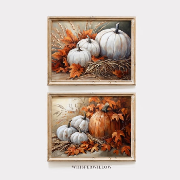 Set Of 2 Autumn Pumpkin And Fall Foliage Wall Art Prints, Seasonal, Halloween Floral, Rustic, Seasonal Living Room And Home Decor