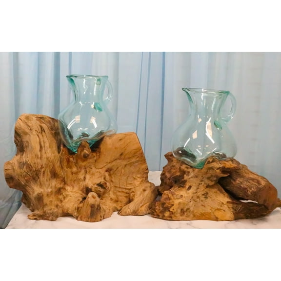 Set Of 2 Balinese Natural Gamal Wood Driftwood With Molten Glass Water Jugs
