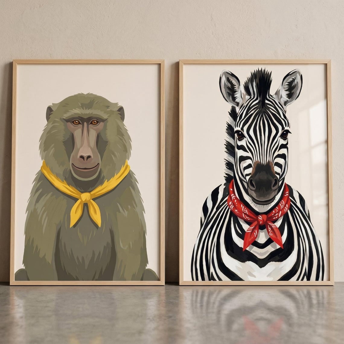 Set Of 2 Bandana Wearing Safari Animal Nursery Wall Art Prints, Zebra ...