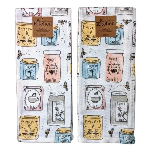 Set Of 2 Bee Inspired Tea & Honey Jars Terry Kitchen Towels By Kay Dee Designs