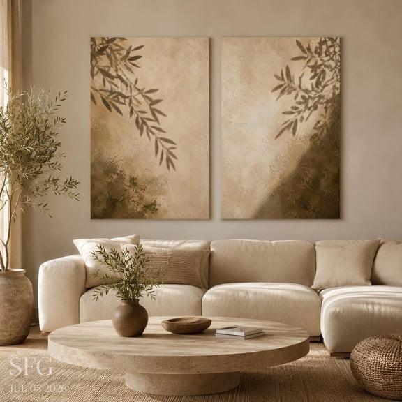 Set Of 2 Beige Botanical Wall Art Prints, Olive Leaf Shadow Neutral Decor