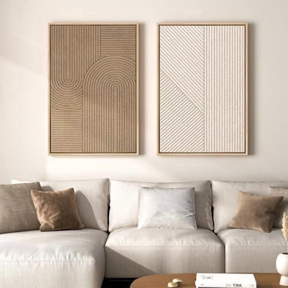 Set Of 2 Beige Brown Abstract Wall Art Prints, Textured Geometric Home Decor