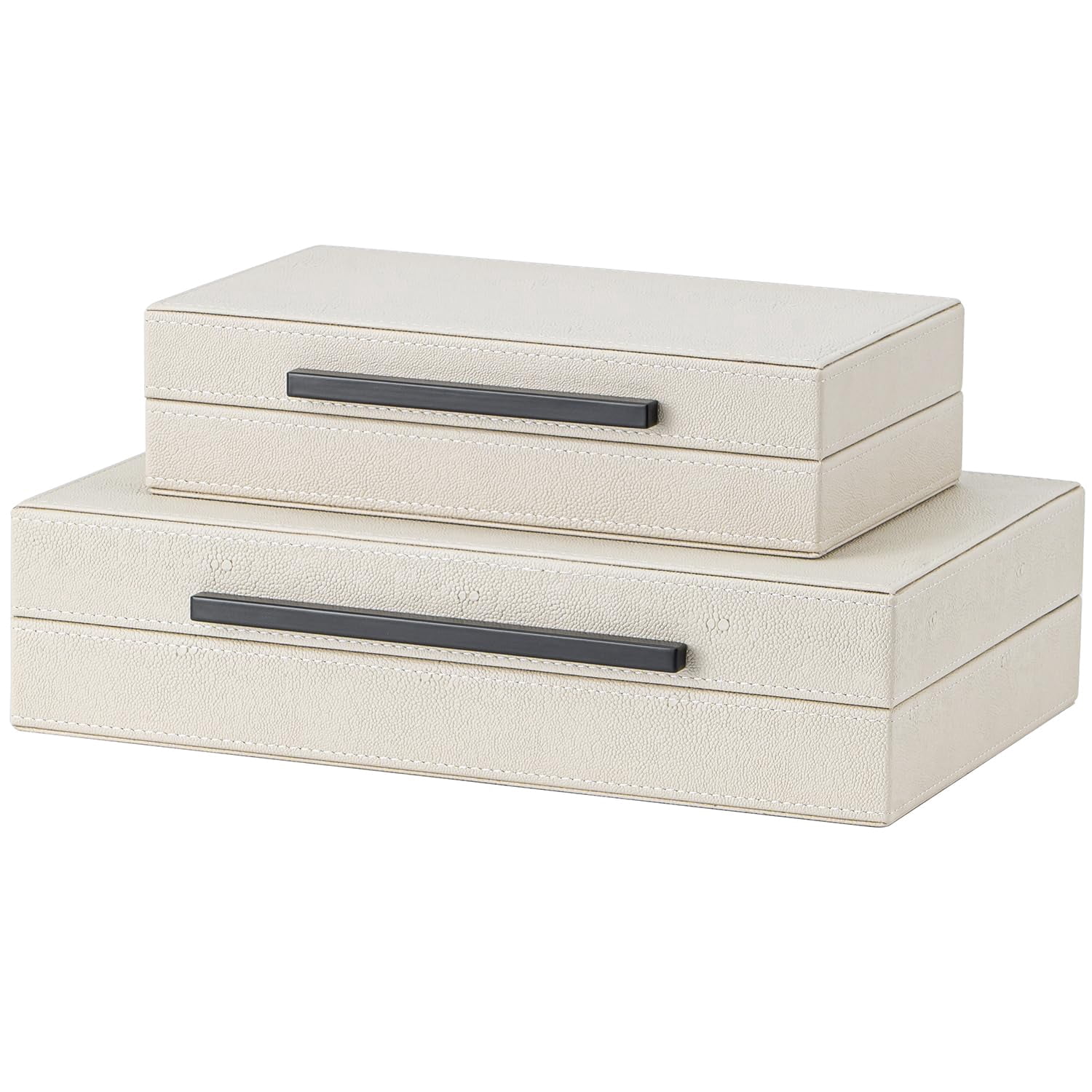 Set Of 2 Beige Shagreen Decorative Storage Boxes With Black Metal Handles - Faux Leather & Memory  Nesting Photo Organizers For Home Decor