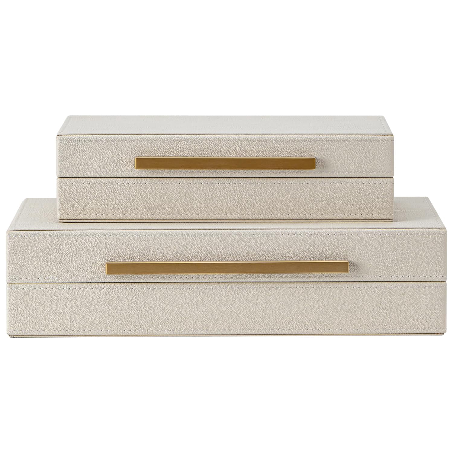 Set Of 2 Beige Shagreen Decorative Storage Boxes With Metal Handles - Faux Leather & Memory  Nesting Photo Organizers For Home Decor