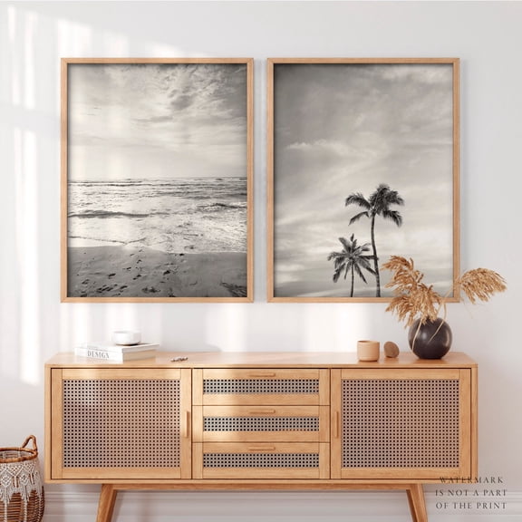 Set Of 2 Black And White Beach Wall Art Prints, Coastal Photography, Ocean Palm Tree, Neutral Minimalist, Beach House Bedroom And Home Decor