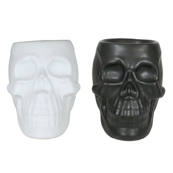Set Of 2 Black And White Gothic Skull Skeleton Ceramic Votive Candle Oil Warmers