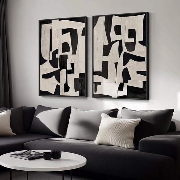 Set Of 2 Black Beige Abstract Wall Art Prints, Modern Minimalist Room Decor