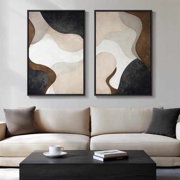 Set Of 2 Black Beige Brown Abstract Wall Art Prints, Neutral Minimalist Decor