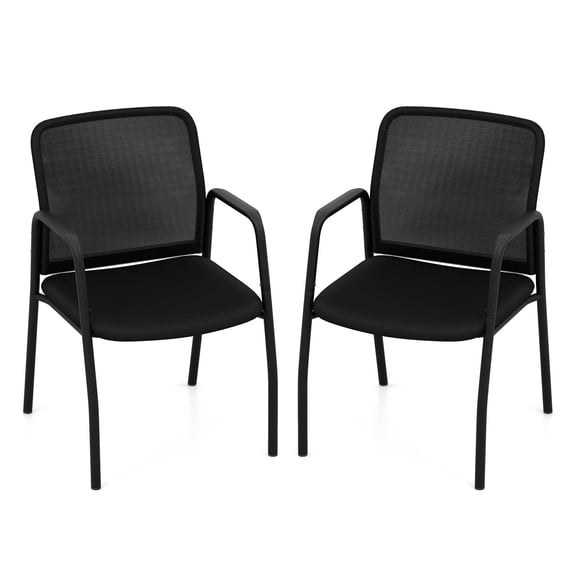 Set Of 2 Black Mesh Conference Chairs With Fixed Arms And Cushioned Seat For Office, Waiting Room