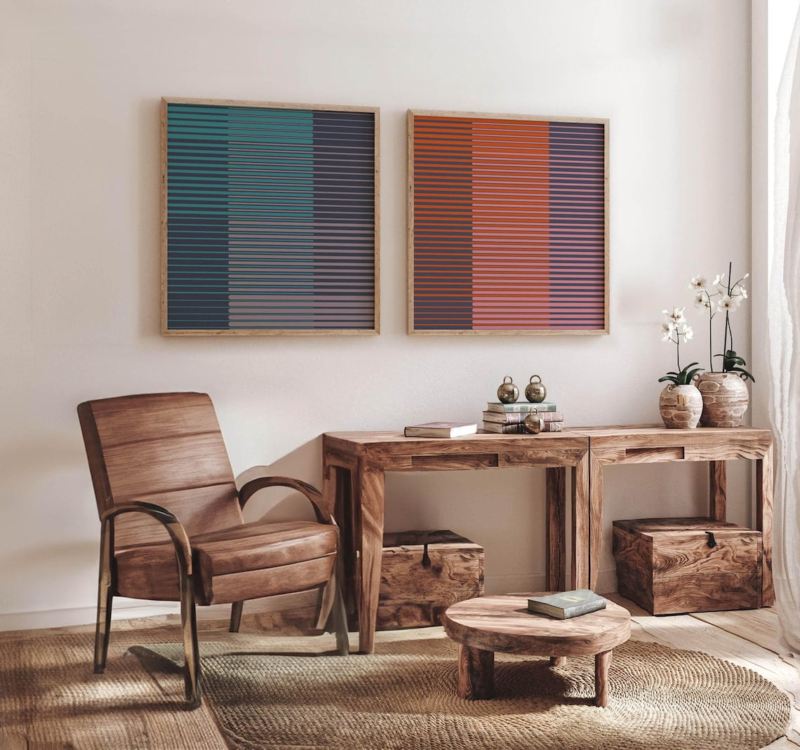 Set Of 2 Blue And Pink Line Wall Art Prints, Square, Living Room And ...