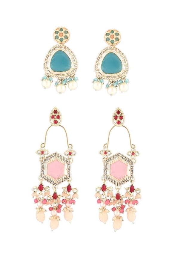 Set Of 2 Blue & Pink Kundan & Austrian DiamondsTraditional Dangle Drop Earring For Women