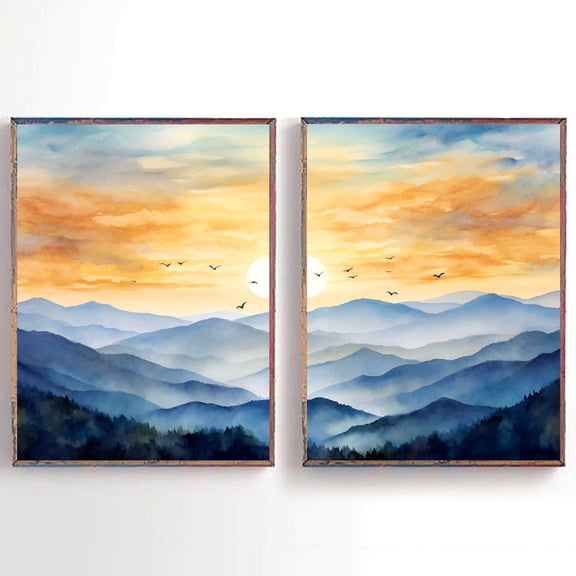 Set Of 2 Blue Ridge Mountains Sunset Forest Landscape Indigo Minimalist Scene Wall Art Prints, Modern Living Room And Office Decor