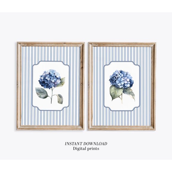 Set Of 2 Blue Striped Hydrangea Flower Wall Art Prints, Soft Cottagecore Floral, Hamptons Or Cottage Botanical, Bedroom And Home Decor
