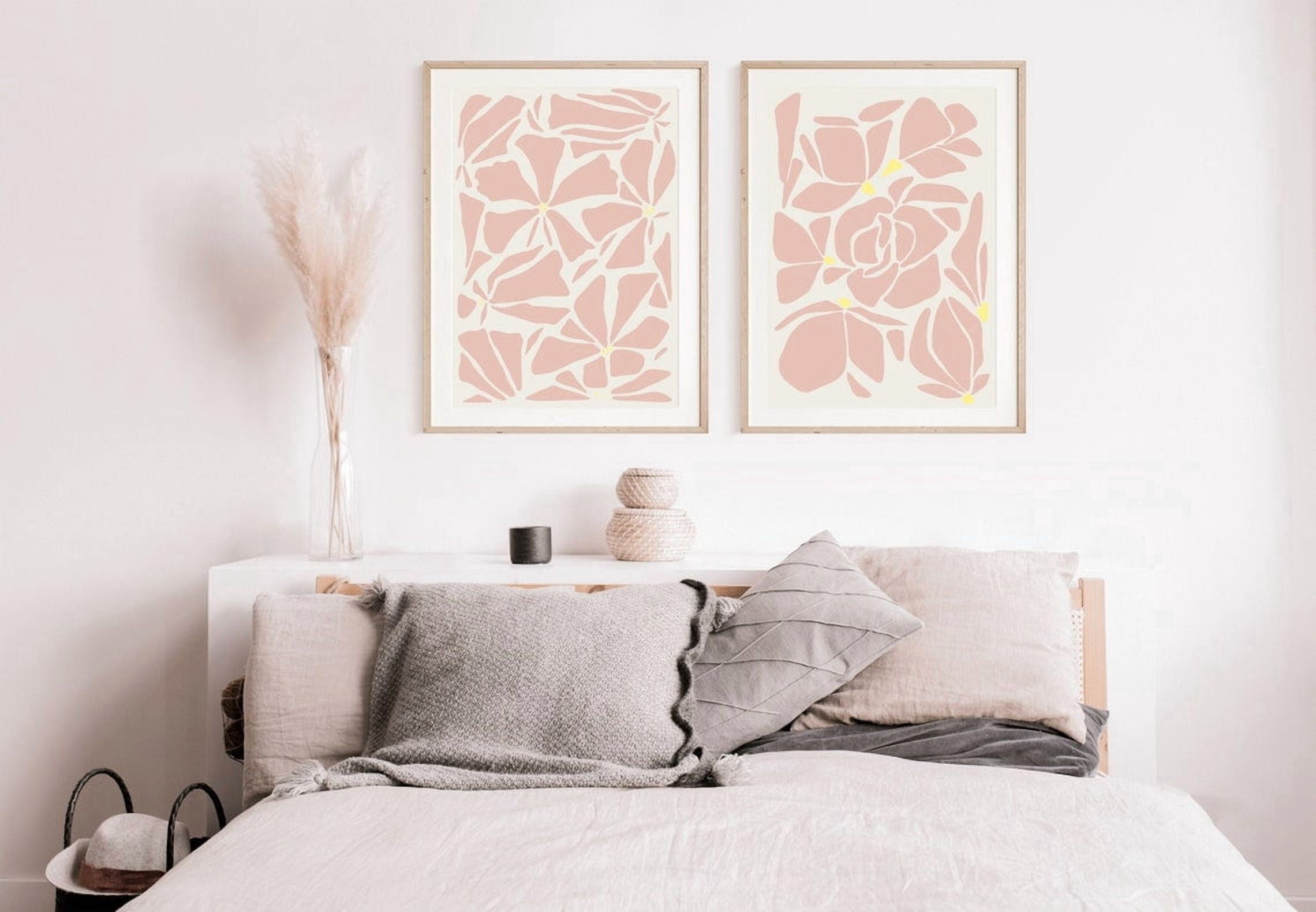 Set Of 2 Blush Pink Floral Wall Art Prints, Coral, Yellow Art Deco ...