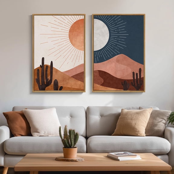 Set Of 2 Boho Desert Wall Art Prints, Sun Moon Cactus Landscape Decor
