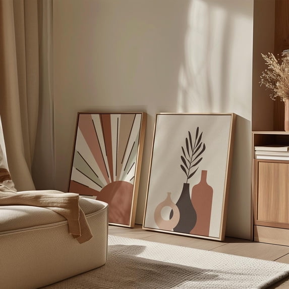 Earthy Tech Set Of 2 Boho Minimalist Vase And Sunburst Wall Art Prints, Earthy ...