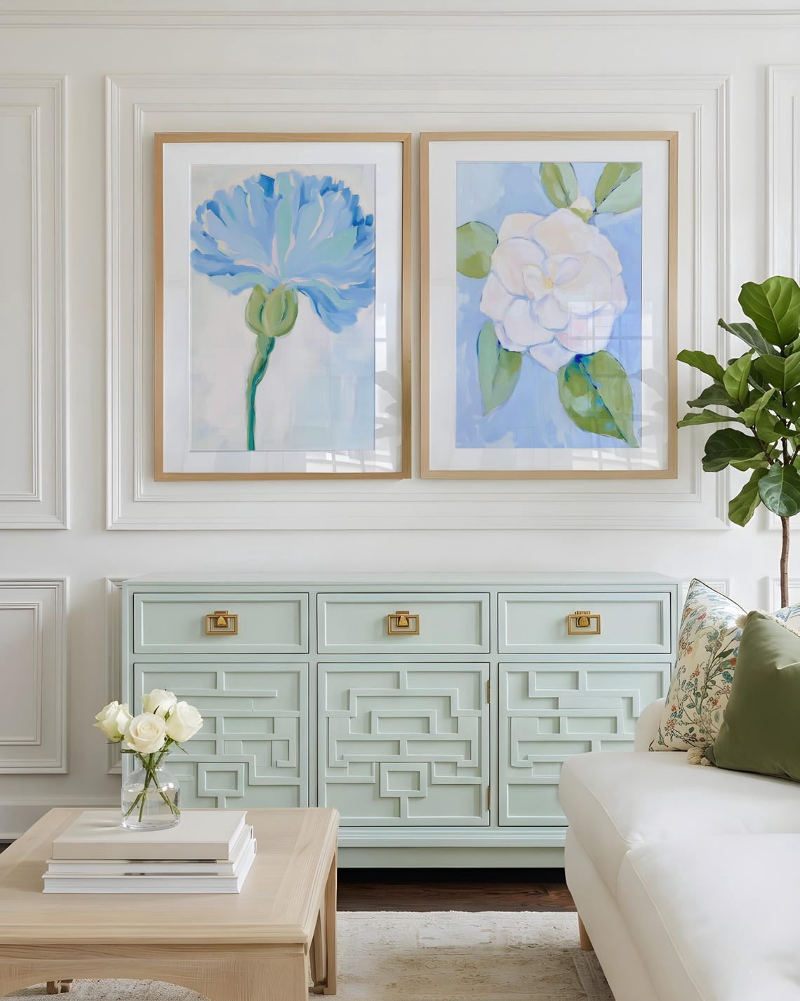 Set Of 2 Botanical Blue Floral Wall Art Prints, Cornflower White ...