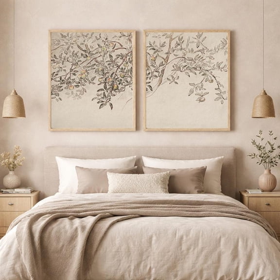 Set Of 2 Botanical Vintage Split Sketch Wall Art Prints, Botanical Bedroom And Living Room Decor