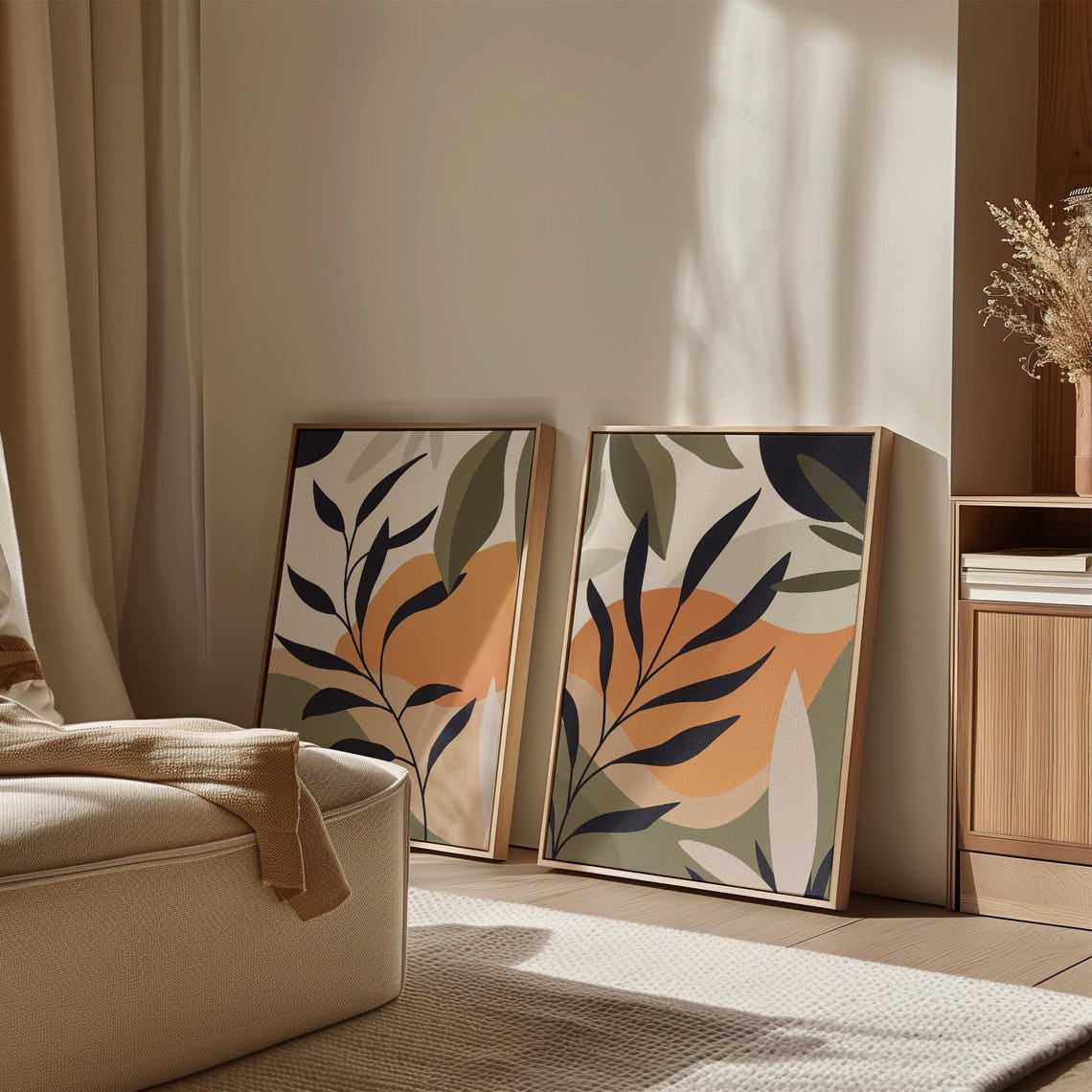 Set Of 2 Botanical Wall Art Prints, Modern Abstract Leaf, Japandi Mid ...