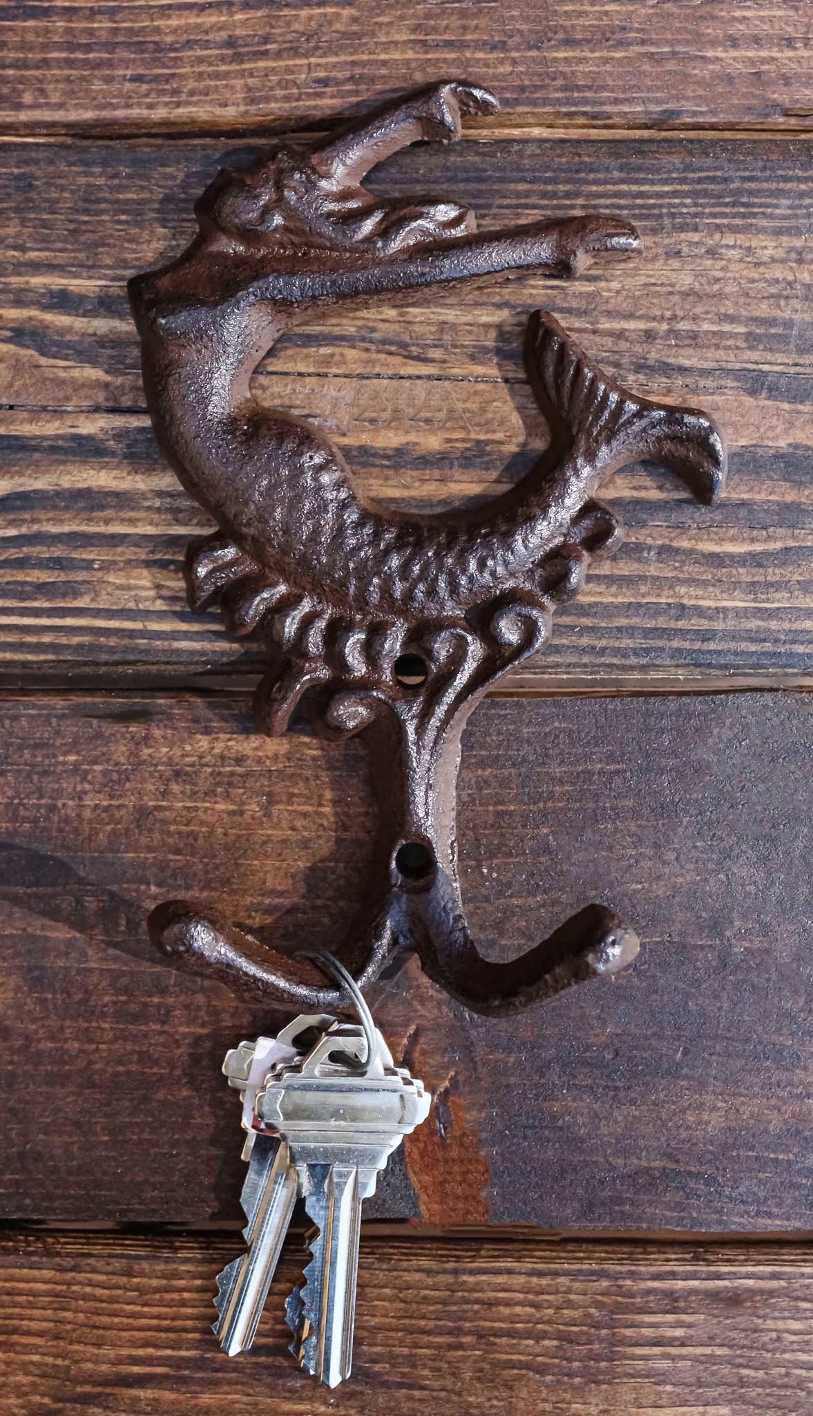 Distressed Brown Iron Mermaid Wall Hooks Set of 2