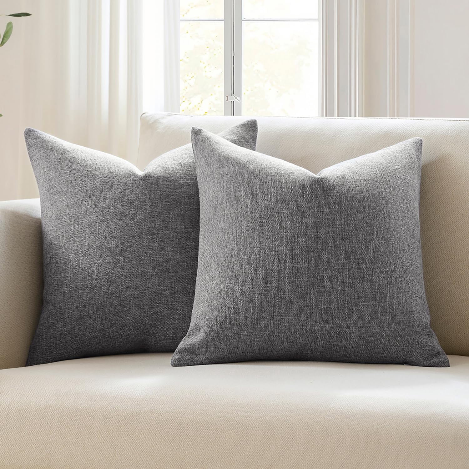 Set Of 2 Charcoal Gray Throw Pillow Covers 18x18  Modern Farmhouse Linen Blend Decorative For Couch Sofa Bed