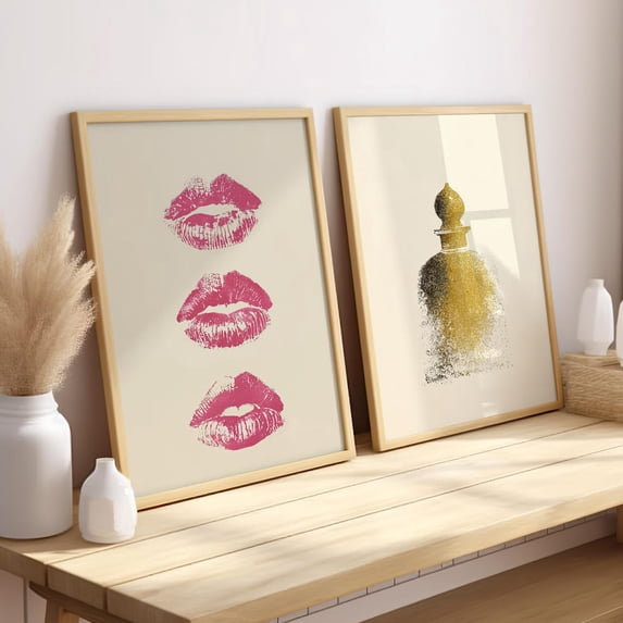 Set Of 2 Chic Vanity Wall Art Prints, Pink Kiss Lips And Glittered ...