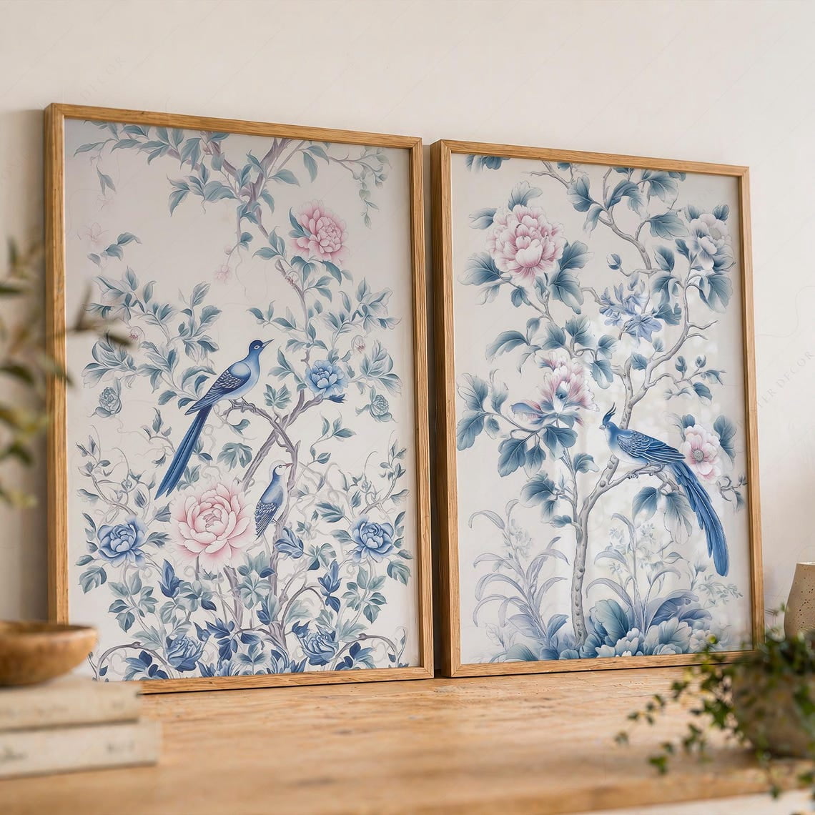 Set Of 2 Chinoiserie Wall Art Prints, Blue Floral Bird, Vintage ...