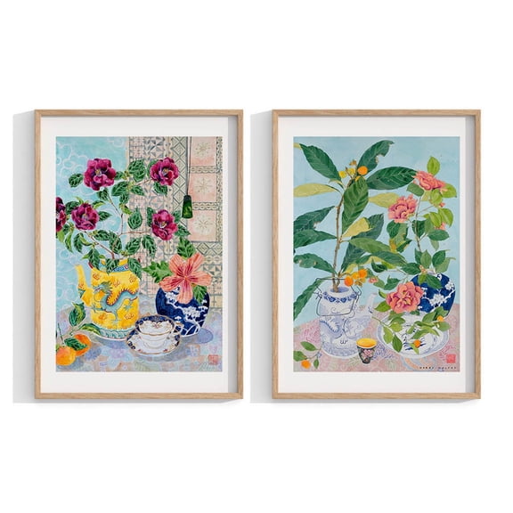 Set Of 2 Chinoiserie Wall Art Prints, Flowers Still Life, Fruit, Chinese Ceramics, Bedroom And Home Decor
